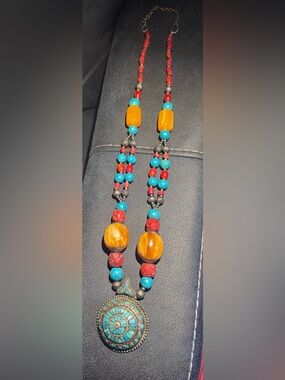 Boho Multi-Bead Statement Necklace in Turquoise, Red & Amber